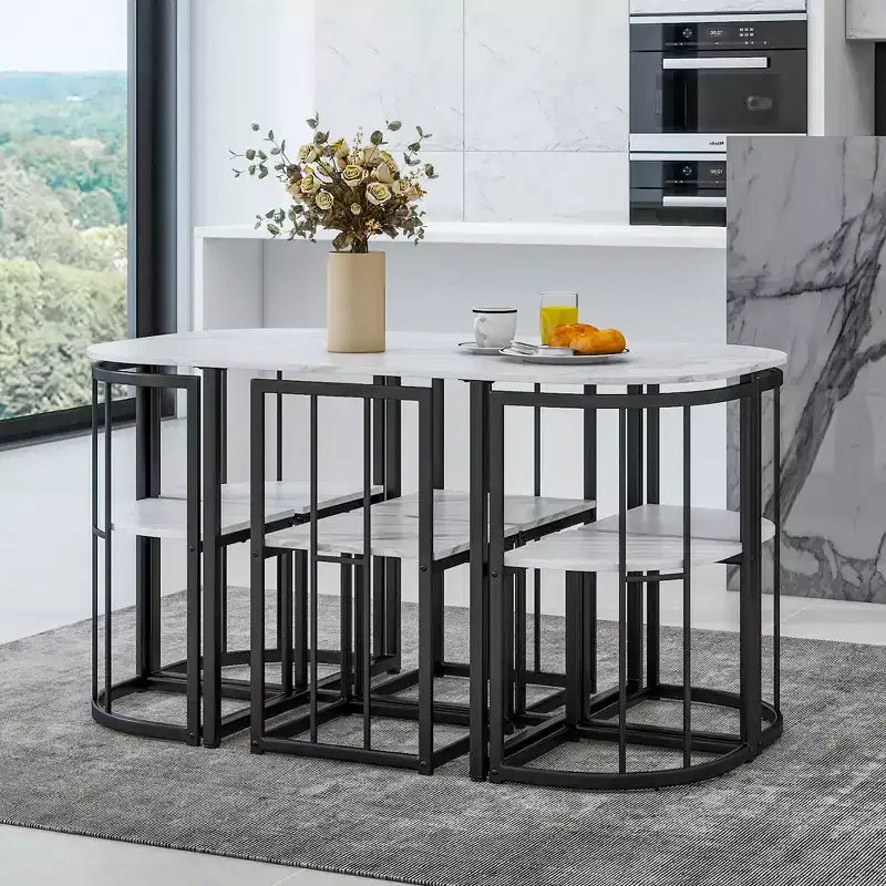 Ensemble de salle à manger moderne 7 pièces avec plateau en faux marbre et 6 chaises 4N - ModernLuxe