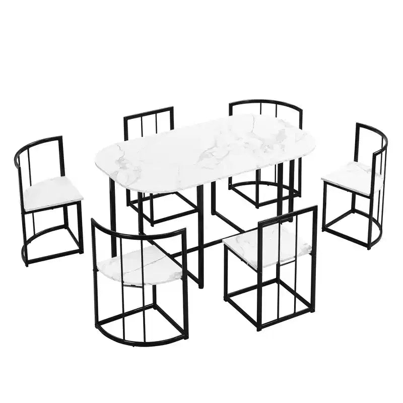 Ensemble de salle à manger moderne 7 pièces avec plateau en faux marbre et 6 chaises 4N - ModernLuxe