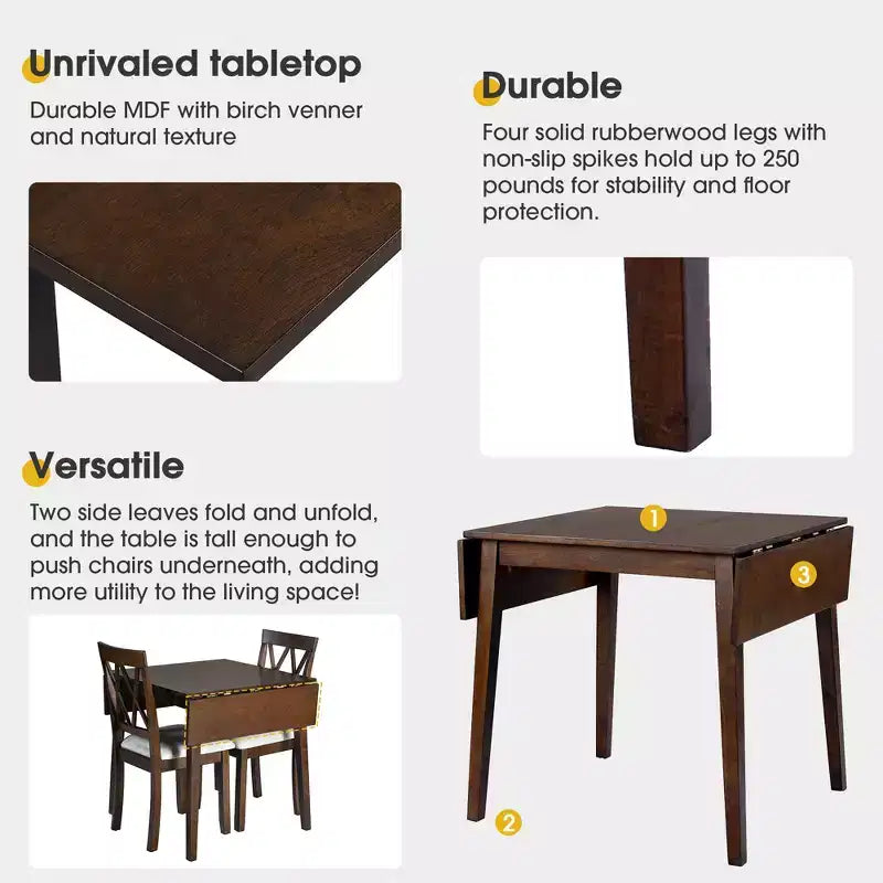 Ensemble de table à manger extensible 3/5 pièces, petite dinette avec table à abattants et chaises rembourrées, Naturel/Espresso/Marron-ModernLuxe