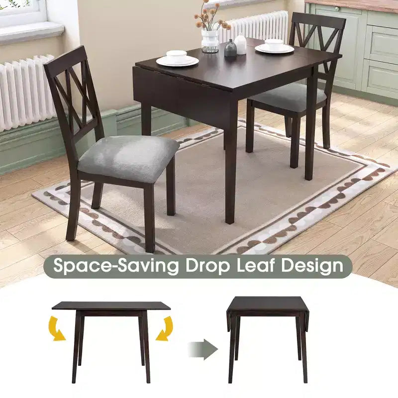 Ensemble de table à manger extensible 3/5 pièces, petite dinette avec table à abattants et chaises rembourrées, Naturel/Espresso/Marron-ModernLuxe