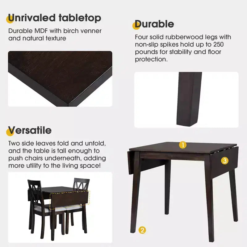 Ensemble de table à manger extensible 3/5 pièces, petite dinette avec table à abattants et chaises rembourrées, Naturel/Espresso/Marron-ModernLuxe