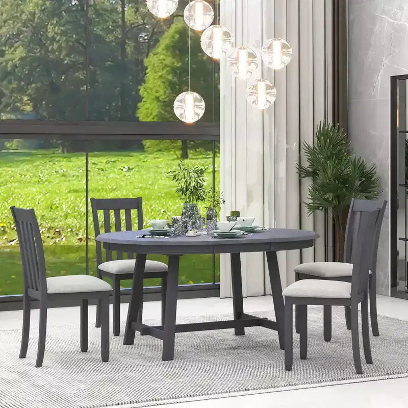 Whisen Wood Dining Table Set, Round Extendable Dining Table with 4 Dining Chairs
