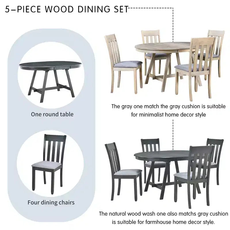 Ensemble de salle à manger Whisen Wood, table à manger ronde extensible avec 4 chaises de salle à manger