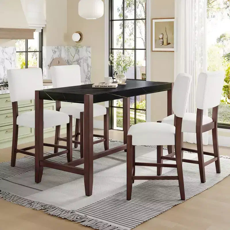Ensemble de salle à manger 5 pièces hauteur bar avec 4 tabourets de bar rembourrés et table en faux marbre, ensemble de salle à manger hauteur comptoir style bistrot, moderne du milieu du siècle - ModernLuxe