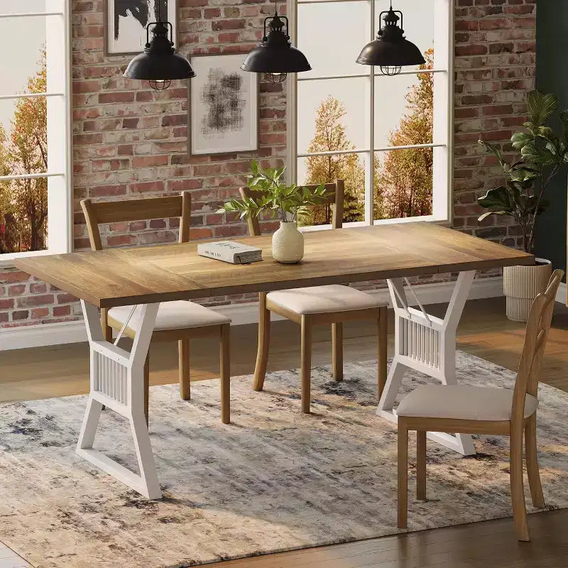 Grande table à manger rectangulaire de 180 cm pour 4-6 personnes, pieds métalliques géométriques et plateau en bois épais, style ferme moderne, pour salle à manger