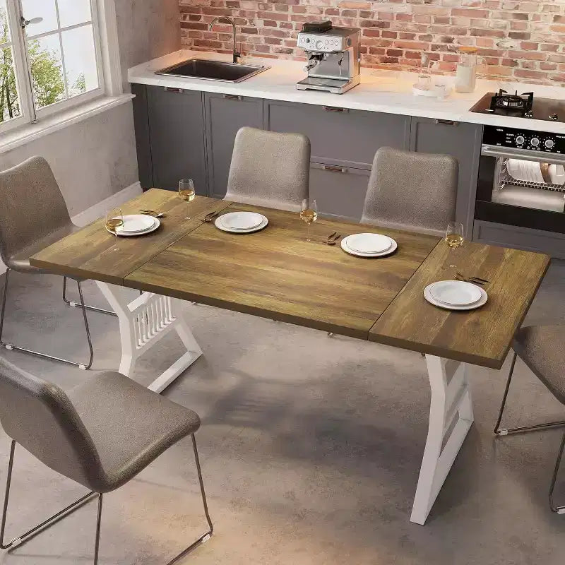 Grande table à manger rectangulaire de 180 cm pour 4-6 personnes, pieds métalliques géométriques et plateau en bois épais, style ferme moderne, pour salle à manger