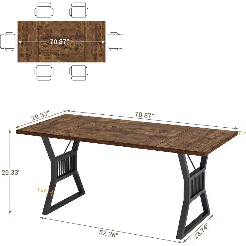 Grande table à manger rectangulaire de 180 cm pour 4-6 personnes, pieds métalliques géométriques et plateau en bois épais, style ferme moderne, pour salle à manger