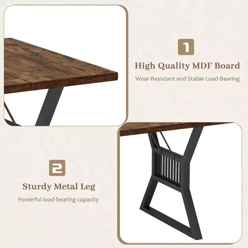 Grande table à manger rectangulaire de 180 cm pour 4-6 personnes, pieds métalliques géométriques et plateau en bois épais, style ferme moderne, pour salle à manger