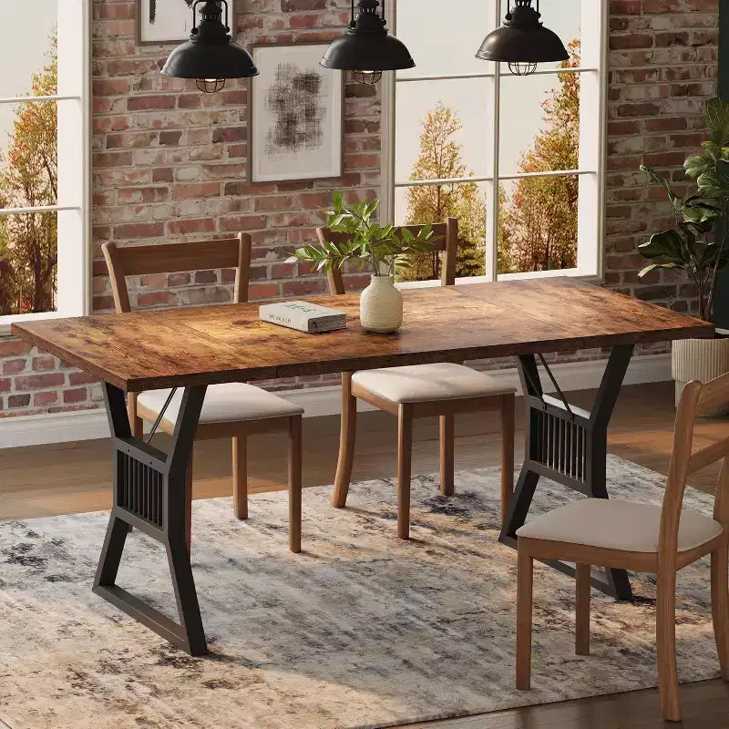 Grande table à manger rectangulaire de 180 cm pour 4-6 personnes, pieds métalliques géométriques et plateau en bois épais, style ferme moderne, pour salle à manger