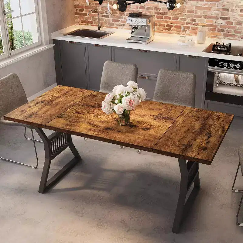 Grande table à manger rectangulaire de 180 cm pour 4-6 personnes, pieds métalliques géométriques et plateau en bois épais, style ferme moderne, pour salle à manger