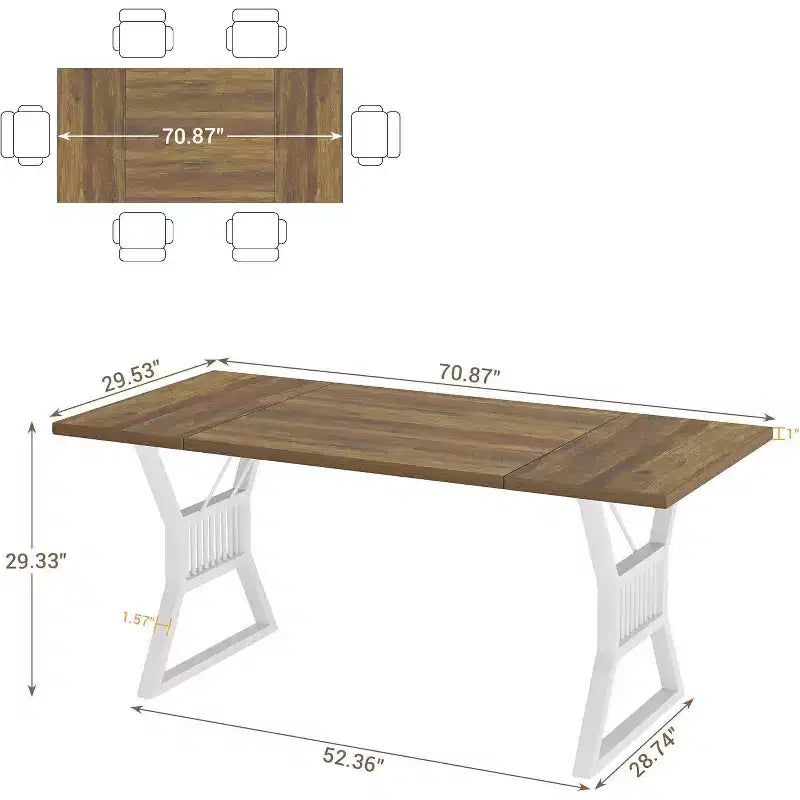 Grande table à manger rectangulaire de 180 cm pour 4-6 personnes, pieds métalliques géométriques et plateau en bois épais, style ferme moderne, pour salle à manger