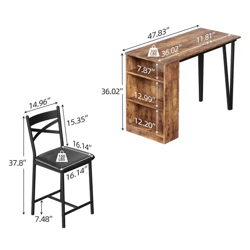 Ensemble de table à manger, ensemble de table de cuisine hauteur comptoir pour 2 personnes avec étagères de rangement, table de bar extensible