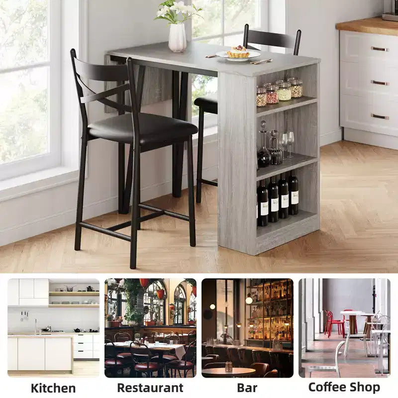 Ensemble de table à manger, ensemble de table de cuisine hauteur comptoir pour 2 personnes avec étagères de rangement, table de bar extensible