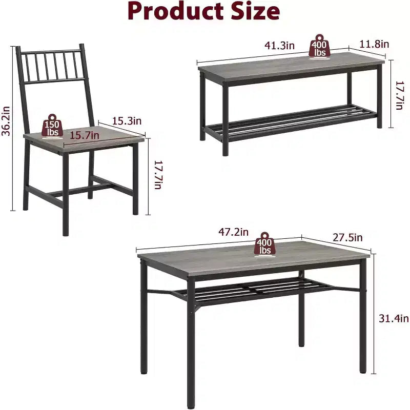 Ensemble table à manger pour 4, table de cuisine rectangulaire de 120 cm avec 2 chaises à dossier, 1 banc