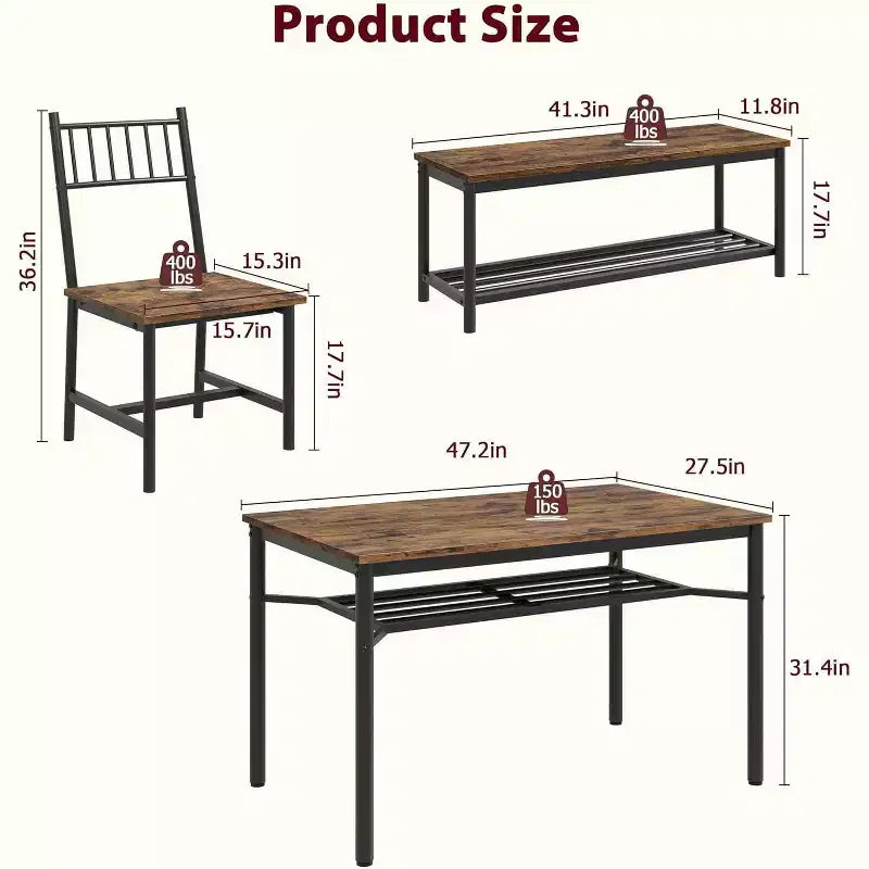 Ensemble table à manger pour 4, table de cuisine rectangulaire de 120 cm avec 2 chaises à dossier, 1 banc