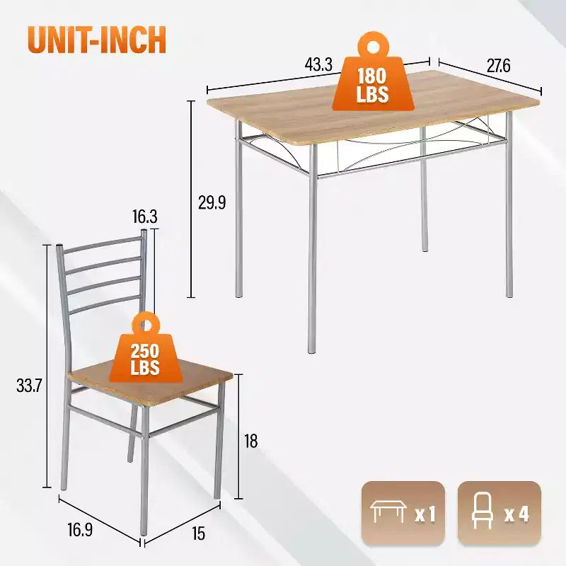 Ensemble de 5 pièces de salle à manger FDW, idéal pour les salles à manger et les cuisines, marron