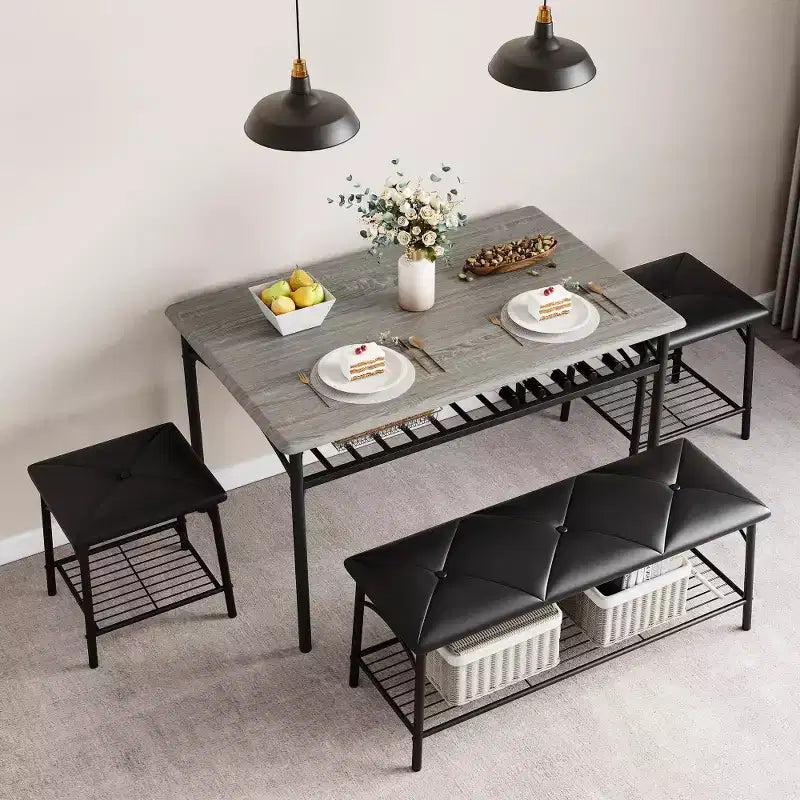 Ensemble table à manger pour 4 avec banc/tabourets, ensemble table de cuisine avec étagères de rangement, ensemble table à manger avec coussins en PU, meubles de salle à manger