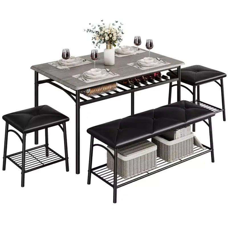 Ensemble table à manger pour 4 avec banc/tabourets, ensemble table de cuisine avec étagères de rangement, ensemble table à manger avec coussins en PU, meubles de salle à manger