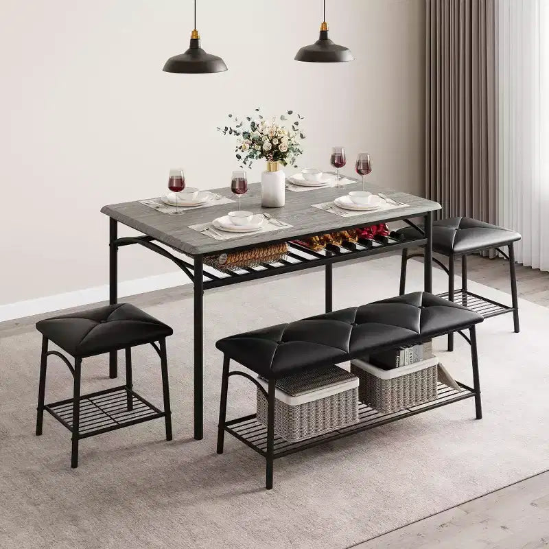 Ensemble table à manger pour 4 avec banc/tabourets, ensemble table de cuisine avec étagères de rangement, ensemble table à manger avec coussins en PU, meubles de salle à manger