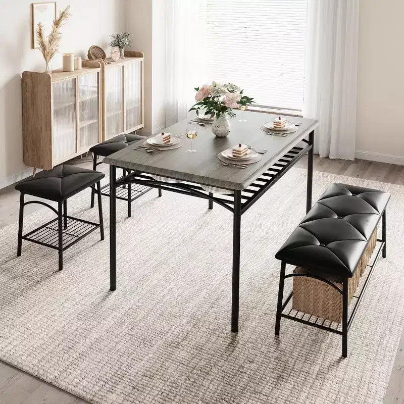 Ensemble table à manger pour 4 avec banc/tabourets, ensemble table de cuisine avec étagères de rangement, ensemble table à manger avec coussins en PU, meubles de salle à manger