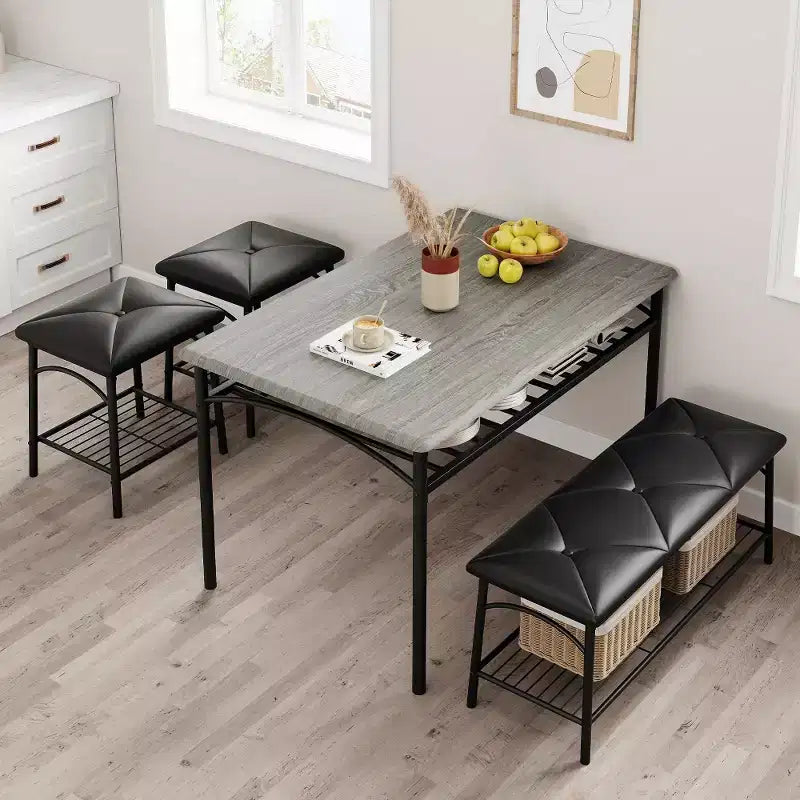 Ensemble table à manger pour 4 avec banc/tabourets, ensemble table de cuisine avec étagères de rangement, ensemble table à manger avec coussins en PU, meubles de salle à manger