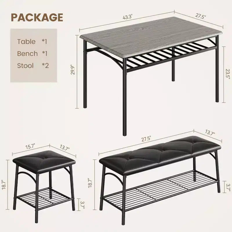Ensemble table à manger pour 4 avec banc/tabourets, ensemble table de cuisine avec étagères de rangement, ensemble table à manger avec coussins en PU, meubles de salle à manger