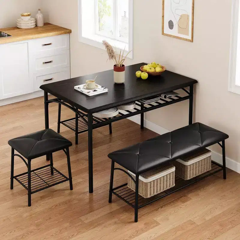Ensemble table à manger pour 4 avec banc/tabourets, ensemble table de cuisine avec étagères de rangement, ensemble table à manger avec coussins en PU, meubles de salle à manger