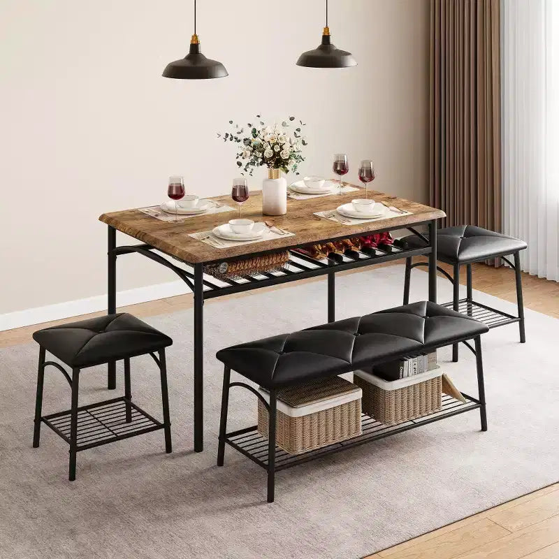 Ensemble table à manger pour 4 avec banc/tabourets, ensemble table de cuisine avec étagères de rangement, ensemble table à manger avec coussins en PU, meubles de salle à manger