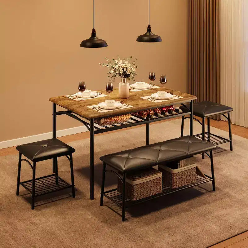 Ensemble table à manger pour 4 avec banc/tabourets, ensemble table de cuisine avec étagères de rangement, ensemble table à manger avec coussins en PU, meubles de salle à manger