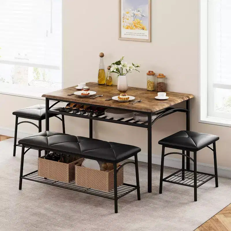 Ensemble table à manger pour 4 avec banc/tabourets, ensemble table de cuisine avec étagères de rangement, ensemble table à manger avec coussins en PU, meubles de salle à manger