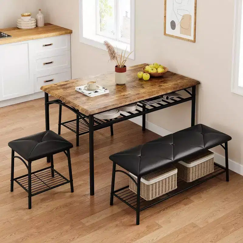 Ensemble table à manger pour 4 avec banc/tabourets, ensemble table de cuisine avec étagères de rangement, ensemble table à manger avec coussins en PU, meubles de salle à manger