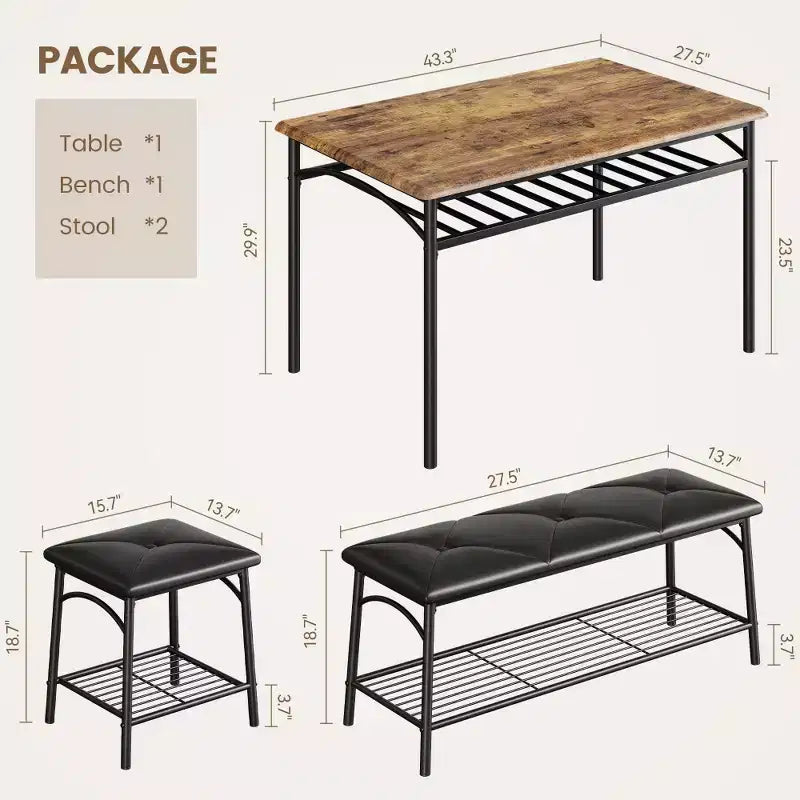Ensemble table à manger pour 4 avec banc/tabourets, ensemble table de cuisine avec étagères de rangement, ensemble table à manger avec coussins en PU, meubles de salle à manger