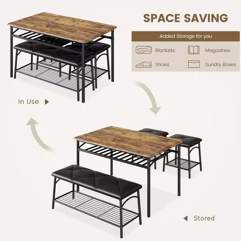 Ensemble table à manger pour 4 avec banc/tabourets, ensemble table de cuisine avec étagères de rangement, ensemble table à manger avec coussins en PU, meubles de salle à manger