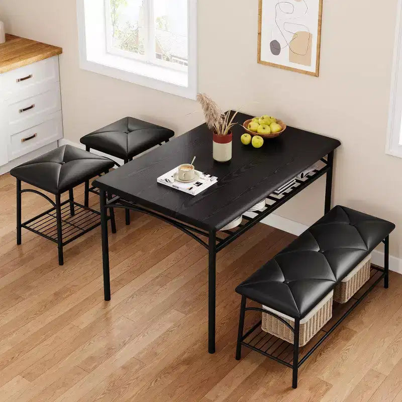 Ensemble table à manger pour 4 avec banc/tabourets, ensemble table de cuisine avec étagères de rangement, ensemble table à manger avec coussins en PU, meubles de salle à manger