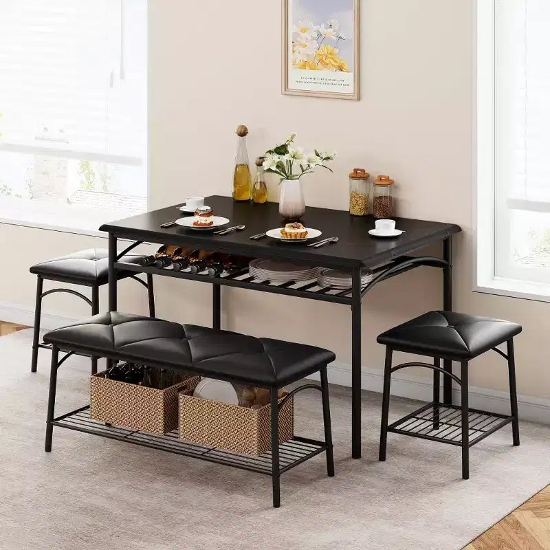 Ensemble table à manger pour 4 avec banc/tabourets, ensemble table de cuisine avec étagères de rangement, ensemble table à manger avec coussins en PU, meubles de salle à manger