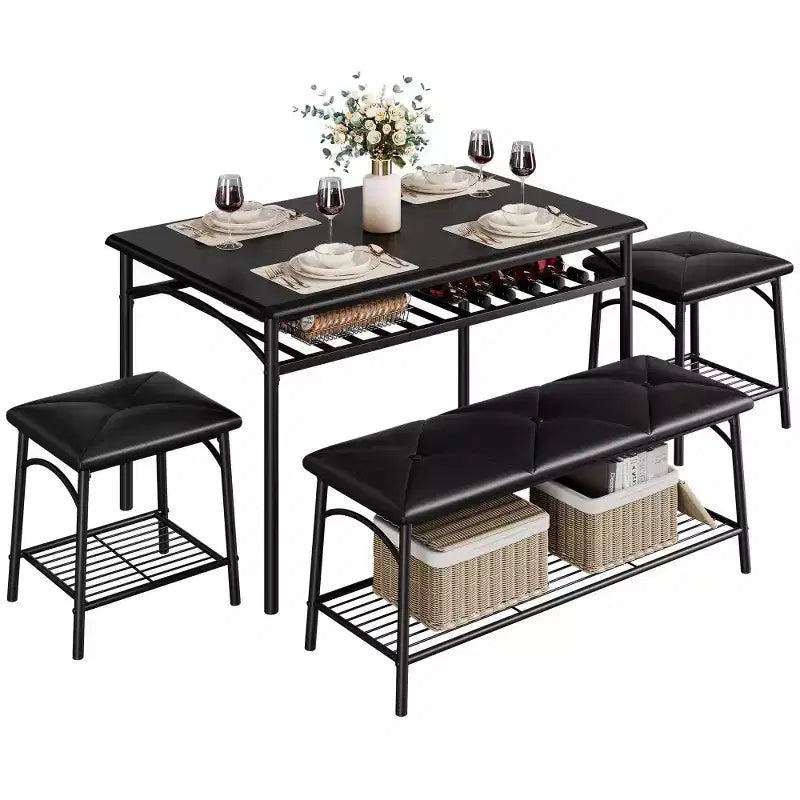 Ensemble table à manger pour 4 avec banc/tabourets, ensemble table de cuisine avec étagères de rangement, ensemble table à manger avec coussins en PU, meubles de salle à manger