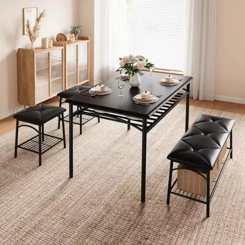 Ensemble table à manger pour 4 avec banc/tabourets, ensemble table de cuisine avec étagères de rangement, ensemble table à manger avec coussins en PU, meubles de salle à manger