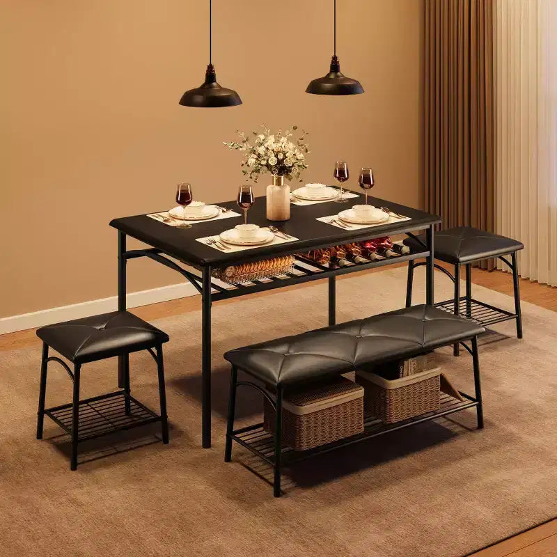 Ensemble table à manger pour 4 avec banc/tabourets, ensemble table de cuisine avec étagères de rangement, ensemble table à manger avec coussins en PU, meubles de salle à manger