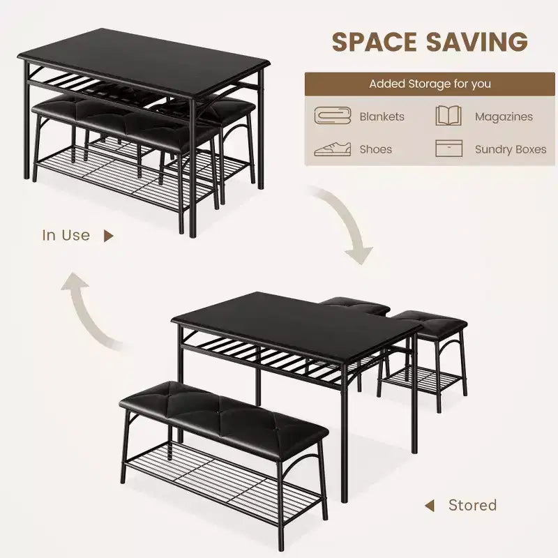 Ensemble table à manger pour 4 avec banc/tabourets, ensemble table de cuisine avec étagères de rangement, ensemble table à manger avec coussins en PU, meubles de salle à manger