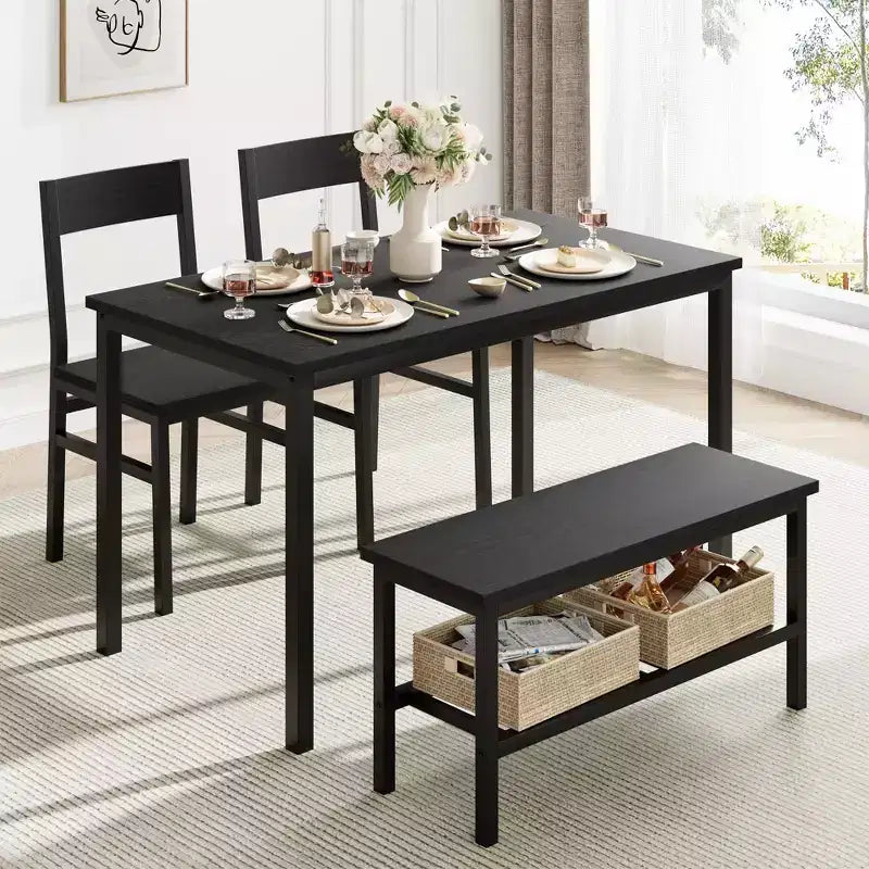 Dining Table Set for 4, Kitchen Table with Chairs and Bench, Metal Frame with Storage Rack, Ideal for Small Dining Room Space