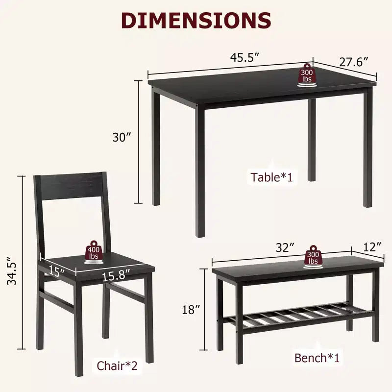 Ensemble Table à Manger pour 4, Table de Cuisine avec Chaises et Banc, Cadre Métal avec Étagère de Rangement, Idéal pour Petits Espaces de Salle à Manger
