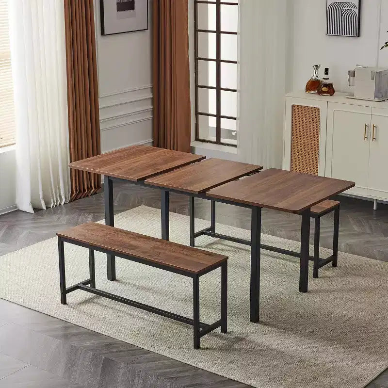 VINGLI Extandable Dining Table Set for 4-6, Foldable Expandable Table Set 2 Benches, Folding Kitchen Table for 6