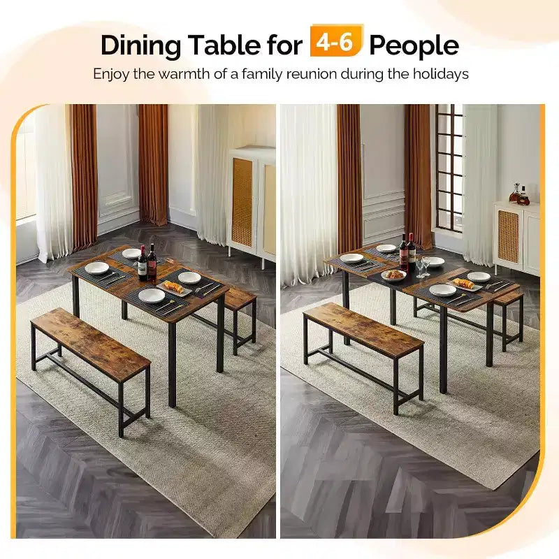 Ensemble de table à manger extensible VINGLI pour 4 à 6 personnes, ensemble de table pliable et extensible avec 2 bancs, table de cuisine pliable pour 6 personnes