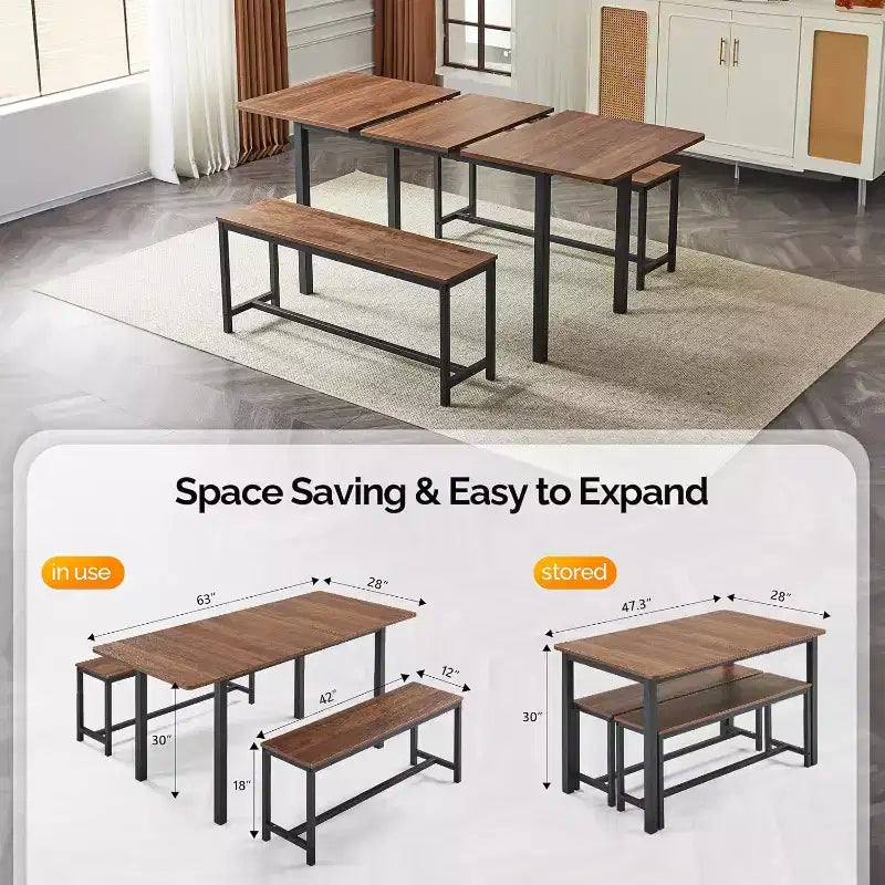 Ensemble de table à manger extensible VINGLI pour 4 à 6 personnes, ensemble de table pliable et extensible avec 2 bancs, table de cuisine pliable pour 6 personnes