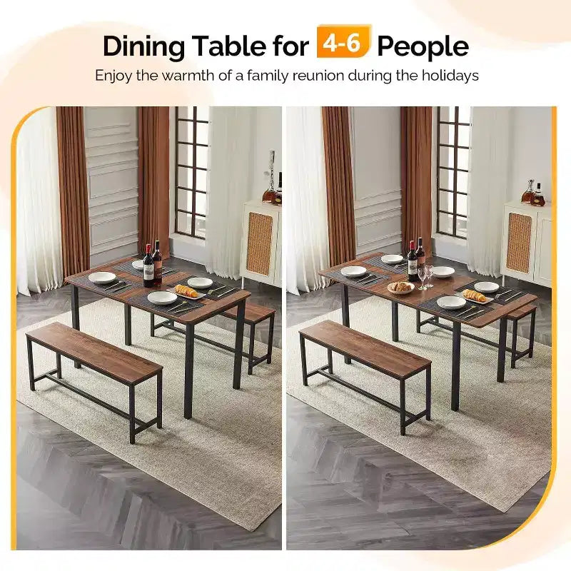 Ensemble de table à manger extensible VINGLI pour 4 à 6 personnes, ensemble de table pliable et extensible avec 2 bancs, table de cuisine pliable pour 6 personnes