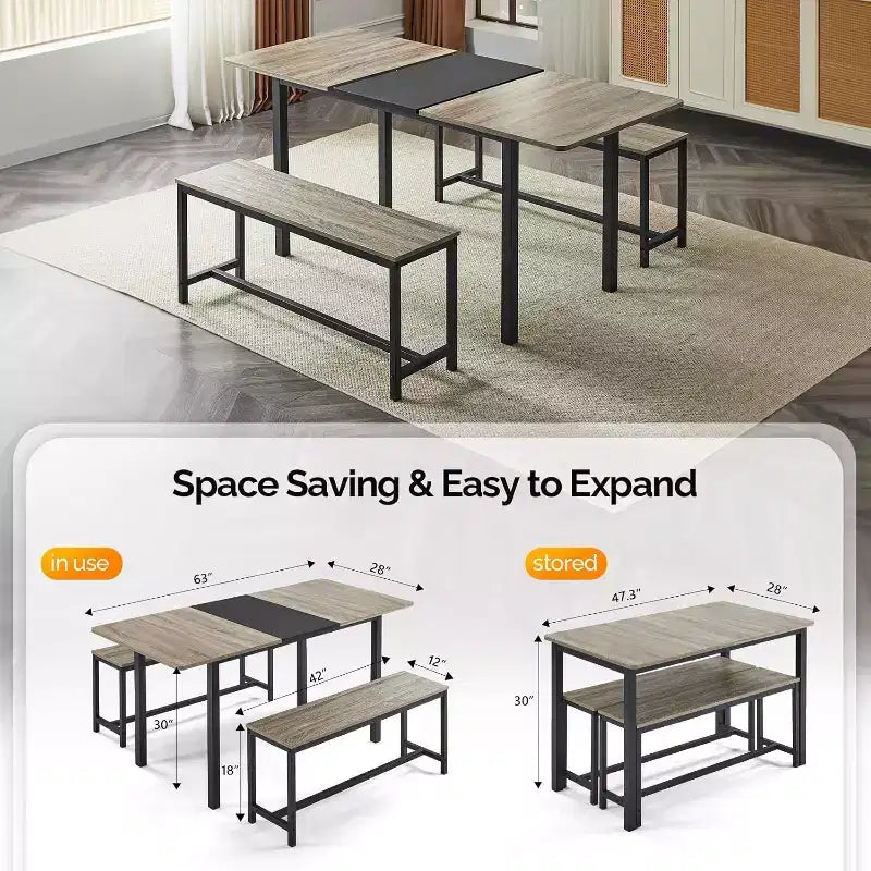 Ensemble de table à manger extensible VINGLI pour 4 à 6 personnes, ensemble de table pliable et extensible avec 2 bancs, table de cuisine pliable pour 6 personnes