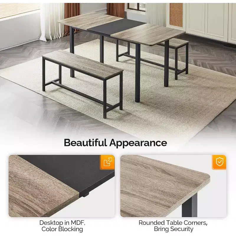 Ensemble de table à manger extensible VINGLI pour 4 à 6 personnes, ensemble de table pliable et extensible avec 2 bancs, table de cuisine pliable pour 6 personnes