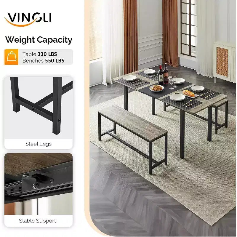 Ensemble de table à manger extensible VINGLI pour 4 à 6 personnes, ensemble de table pliable et extensible avec 2 bancs, table de cuisine pliable pour 6 personnes