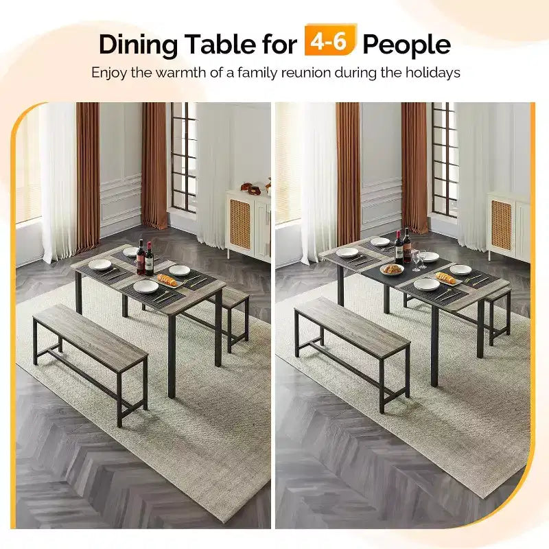Ensemble de table à manger extensible VINGLI pour 4 à 6 personnes, ensemble de table pliable et extensible avec 2 bancs, table de cuisine pliable pour 6 personnes