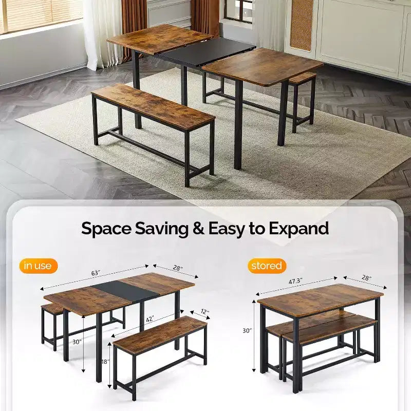 Ensemble de table à manger extensible VINGLI pour 4 à 6 personnes, ensemble de table pliable et extensible avec 2 bancs, table de cuisine pliable pour 6 personnes